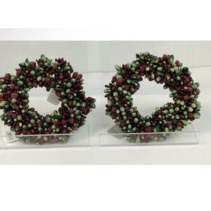 Lot of 2 Raz Imports Frosted Berry Mini Wreath Candle Rings 6.5" Green Red NWT